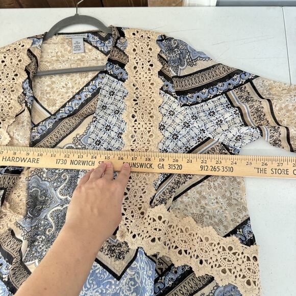 Catherines Patchwork Floral Crochet Sheer Kimono Topper 14/16W Blue Beige Boho - Picture 7 of 8